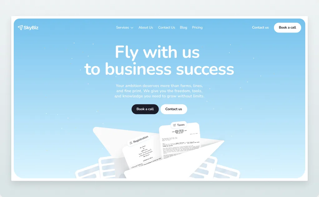 SkyBiz main page — first screen
